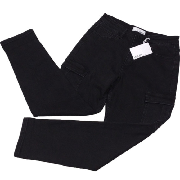 Vervet By Flying Monkey Black High Waist Straight Leg Colored Denim Cargo Jean - Picture 1 of 13